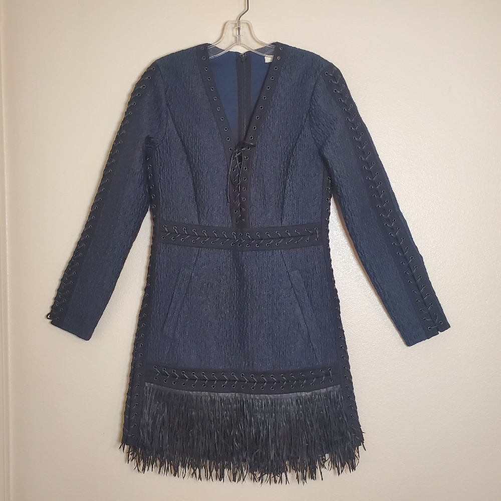 BCBG Maxazaria Runway Navy Blue Mini Laced Leather Fringe Dress XS NWOT